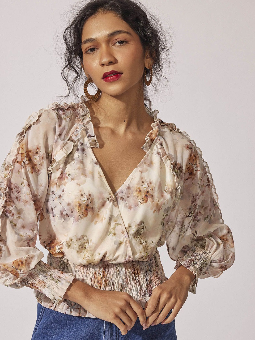 

The Label Life Women Floral Printed V-Neck Top, Cream