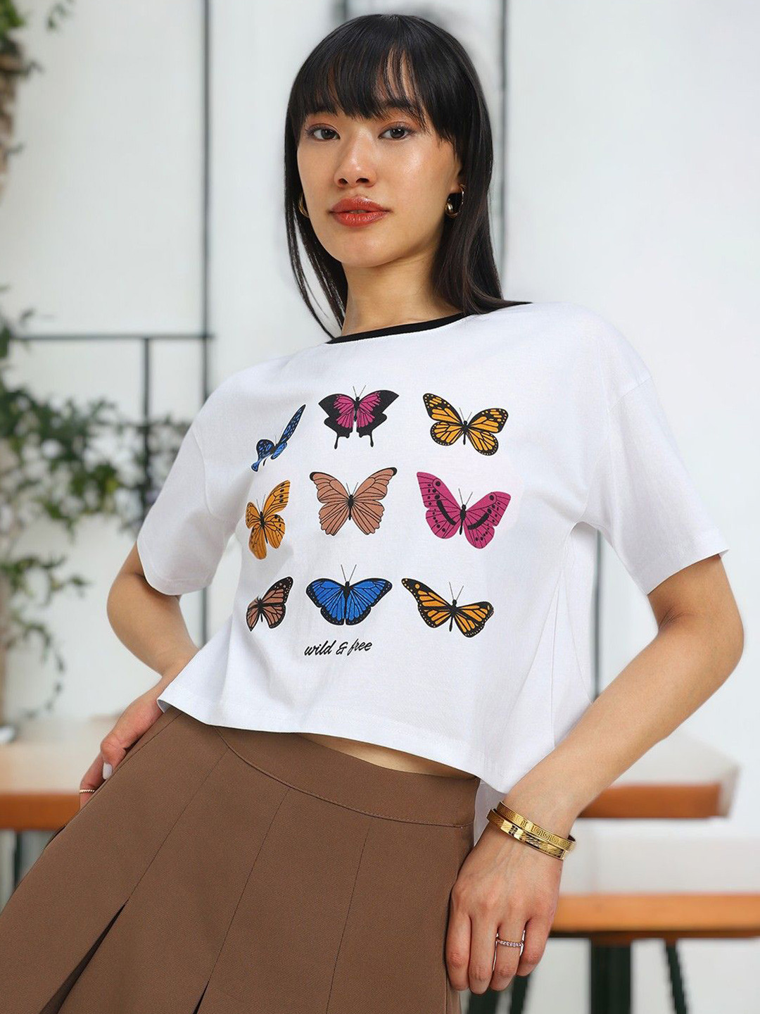 

JUNEBERRY Women Graphic Printed Round Neck Pure Cotton Top, White