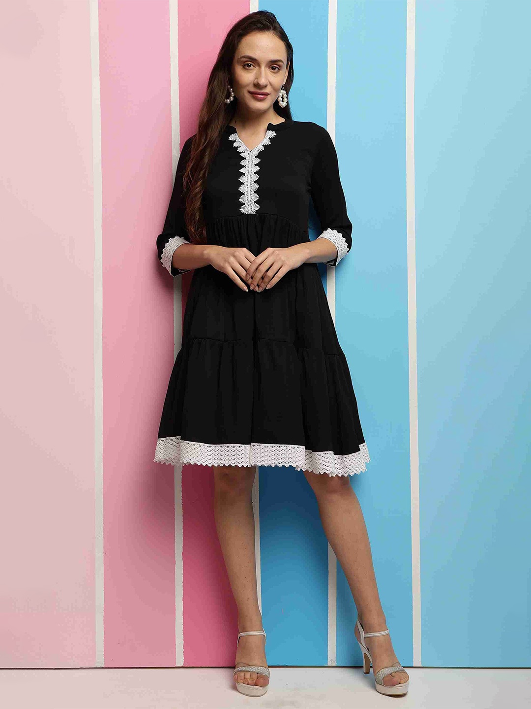 

Bhuja Solid Mandarin Collar Fit & Flare Dress, Black