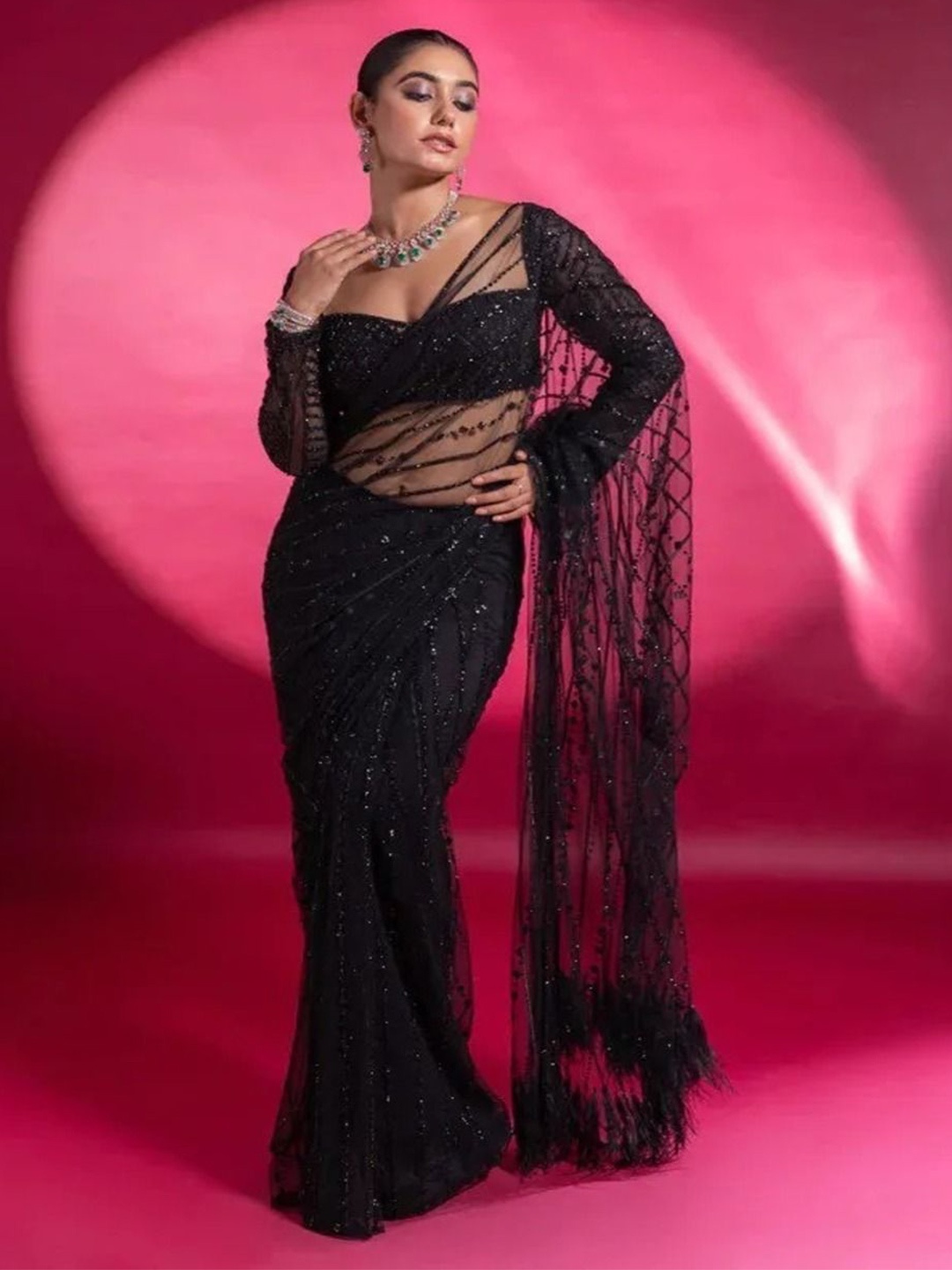 

Sanwariya Silk Embellished Sequinned Net Mysore Silk Saree, Black