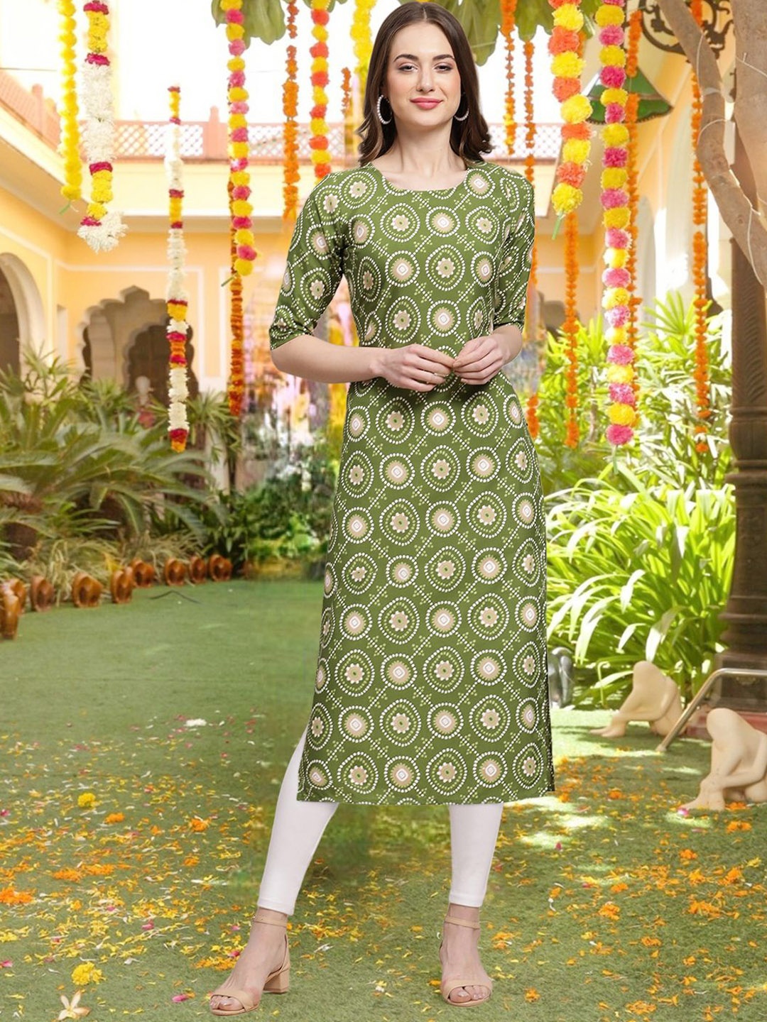 

7Threads Bandhani Printed Straight Kurta, Green
