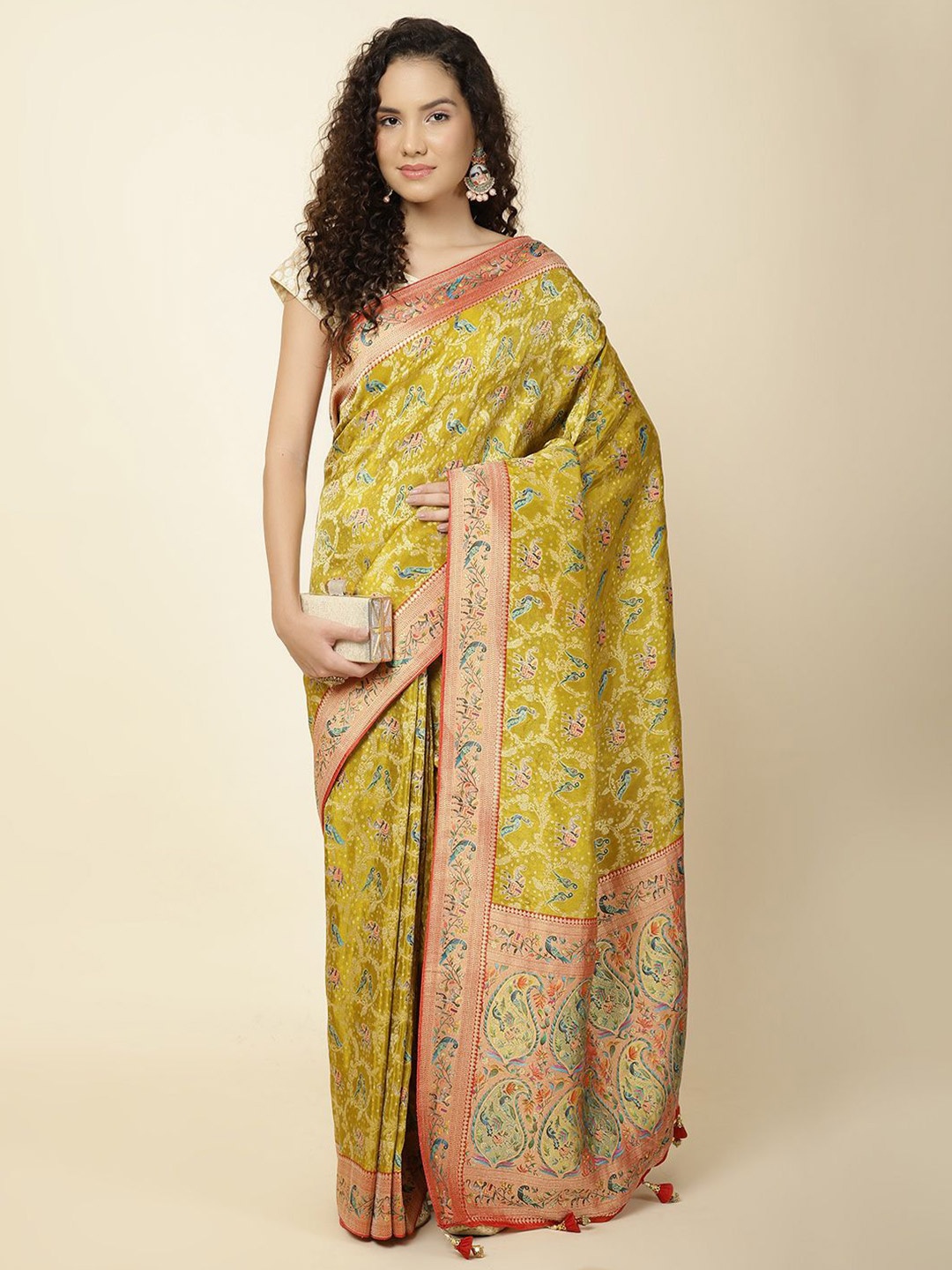 

Meena Bazaar Ethnic Motifs Zari Poly Georgette Saree, Yellow