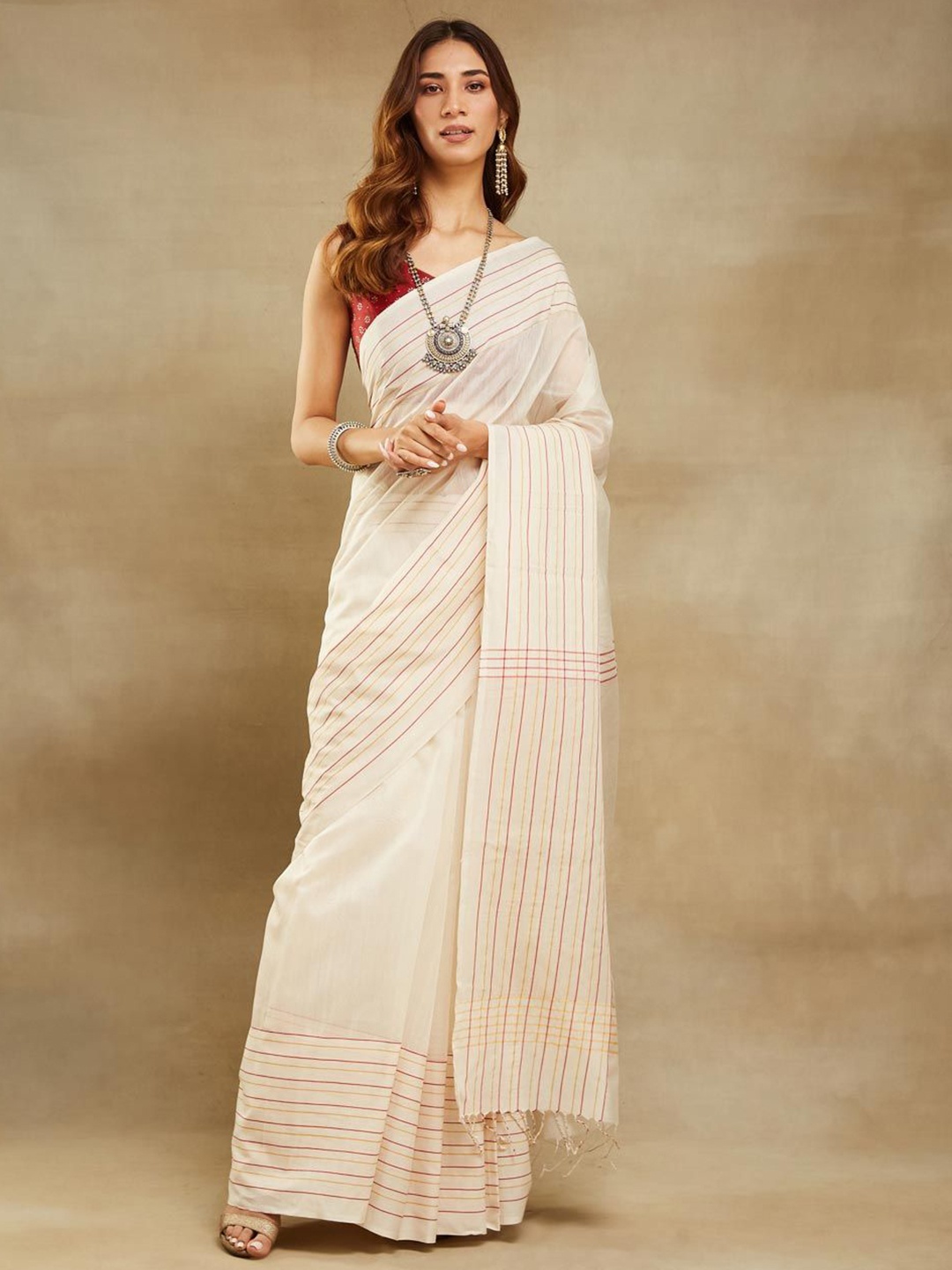 

Fabindia Natural Cotton Silk Blend Maheshwari Woven Sari, Cream