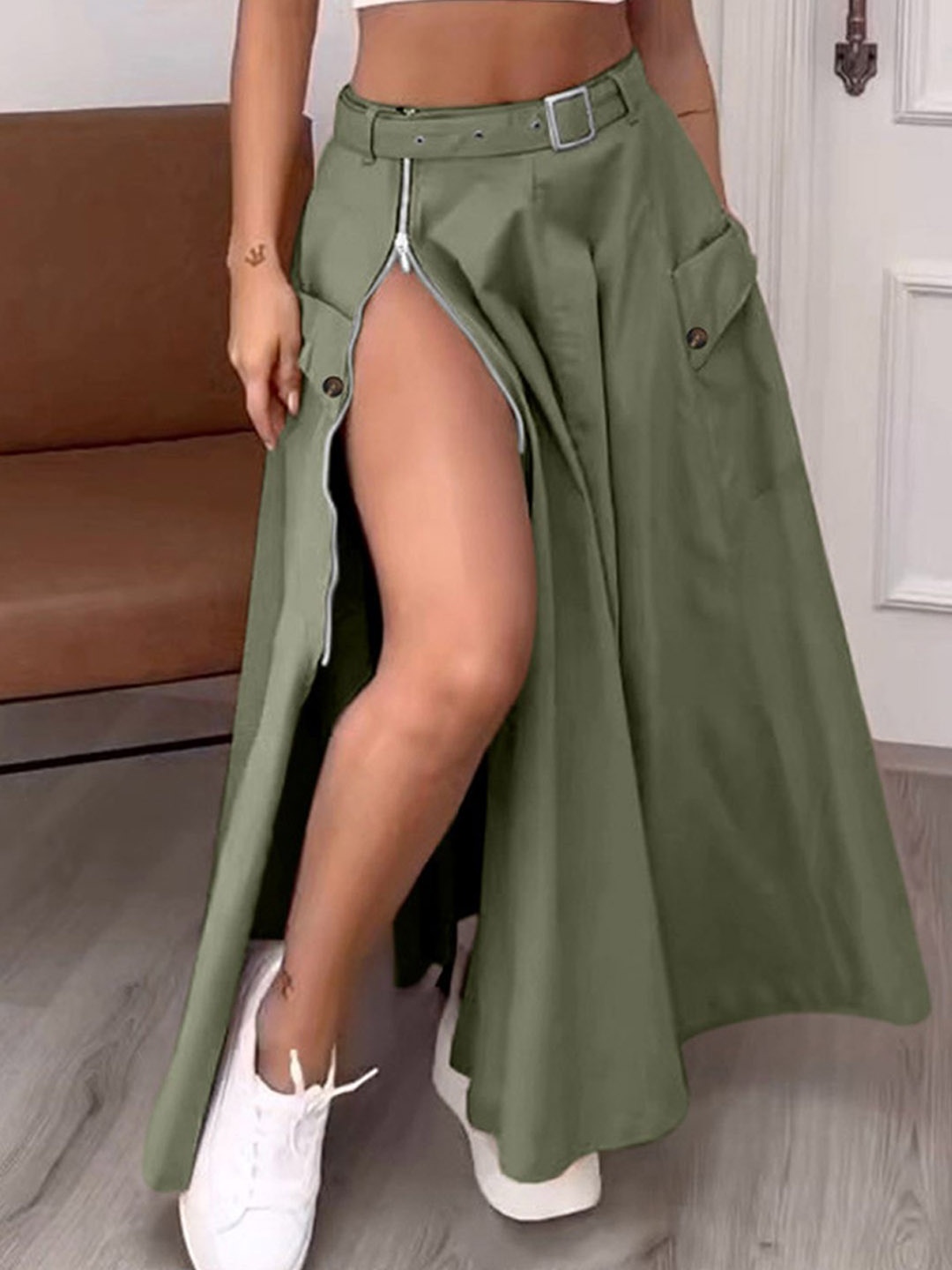 

LULU & SKY A-Line Zipper Slit Maxi Skirts, Olive