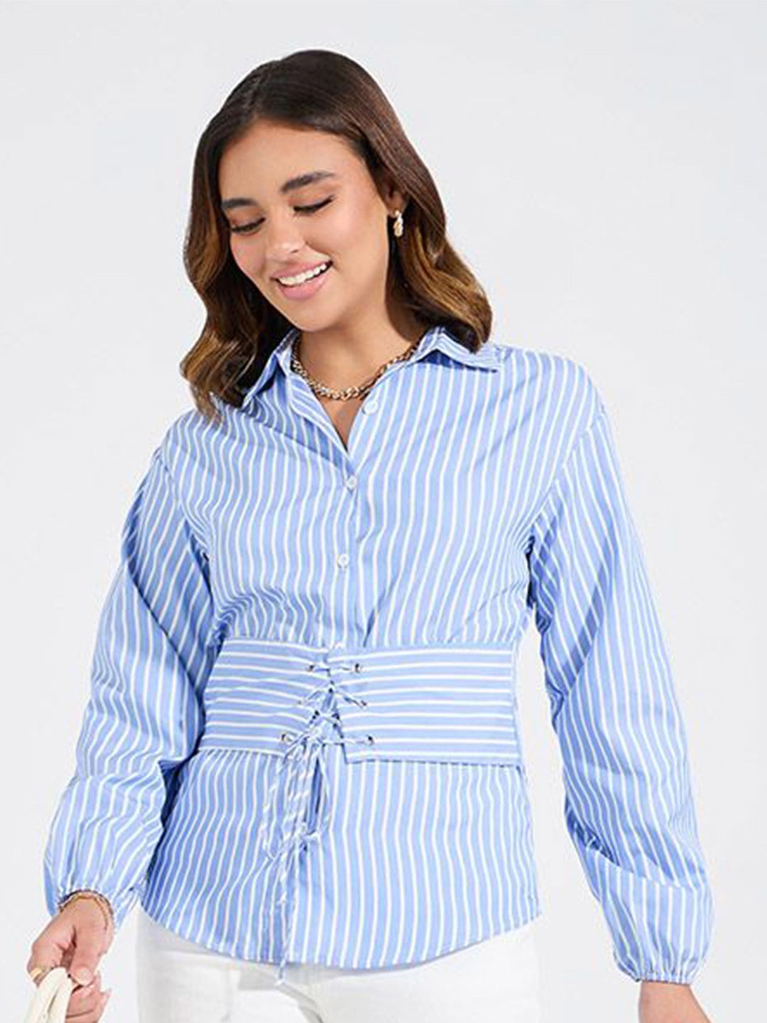 

Styli Women Opaque Striped Casual Shirt, Blue