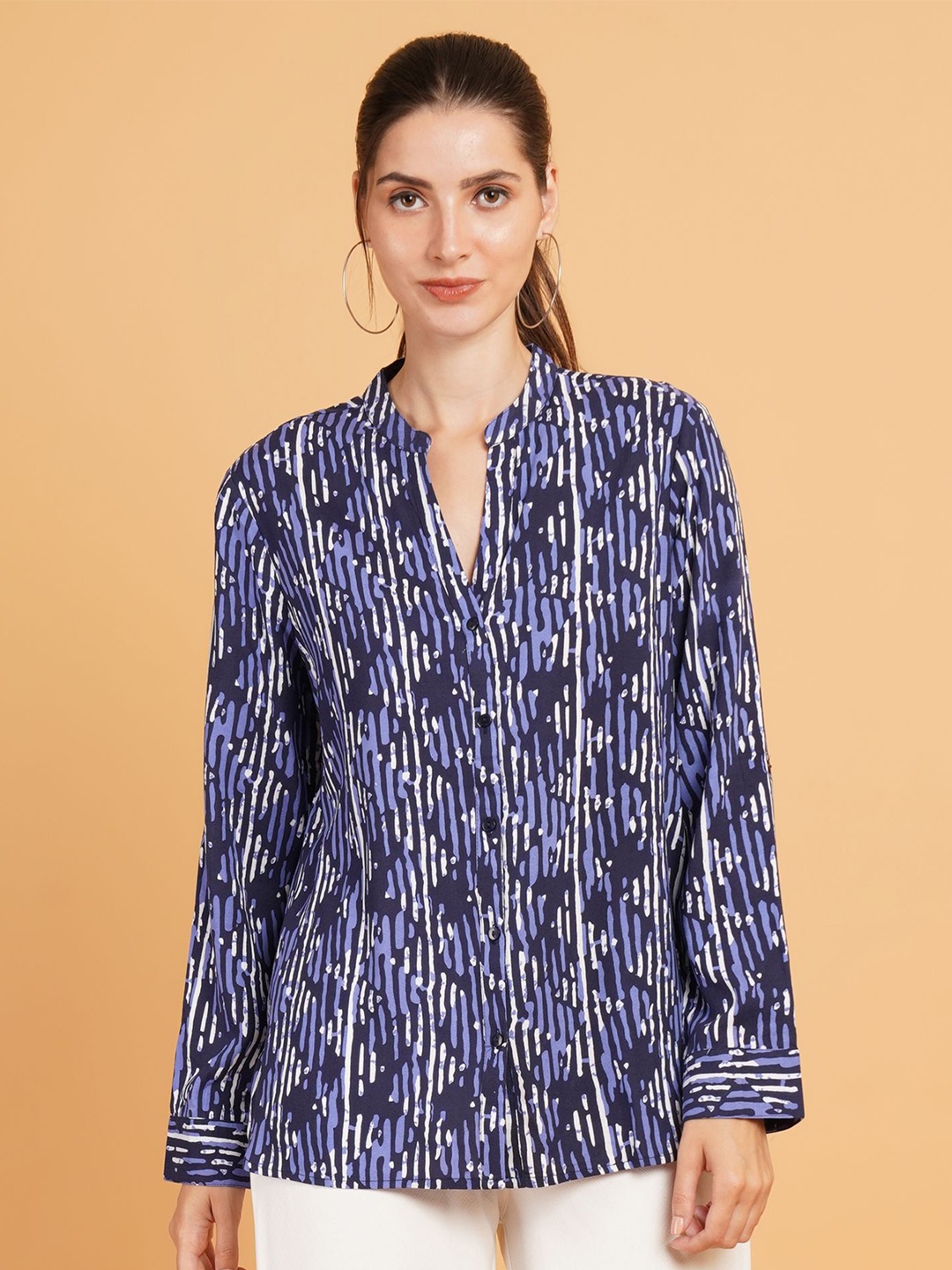 

IX IMPRESSION Women Relaxed Mandarin Collar Abstract Printed Cotton Oversized Shirt, Navy blue