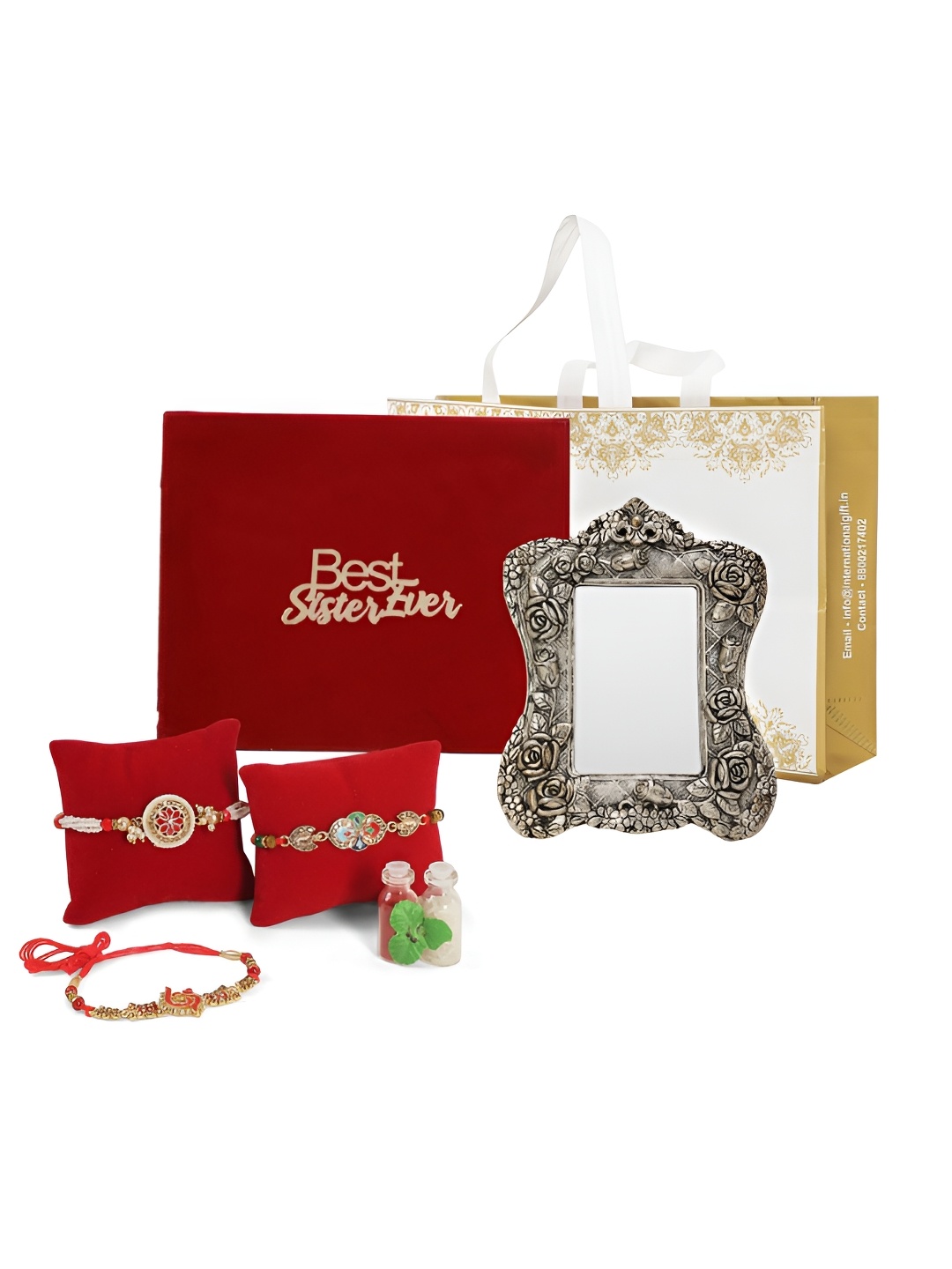 

INTERNATIONAL GIFT Set Of 3 Rakhis With Silver Photo Frame