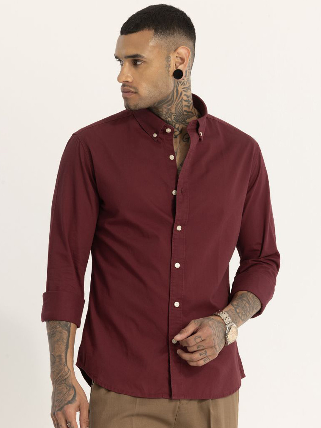 

Snitch Men Smart Button-Down Collar Solid Cotton Slim Fit Casual Shirt, Maroon