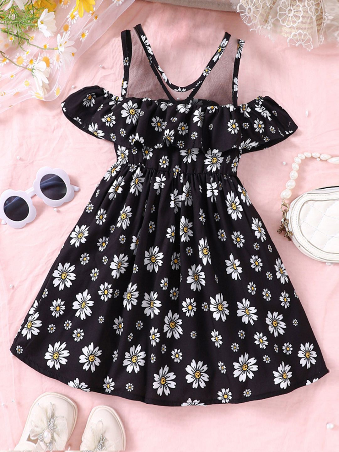 

INCLUD girl Floral Print Off Shoulder Fit & Flare Dress, Black