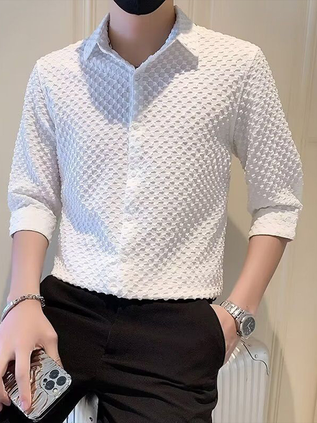 

StyleCast Men Opaque Printed Party Shirt, White