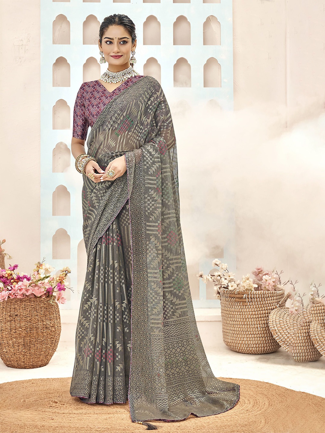 

NIRMAL CREATION Printed Pure Silk Saree, Grey