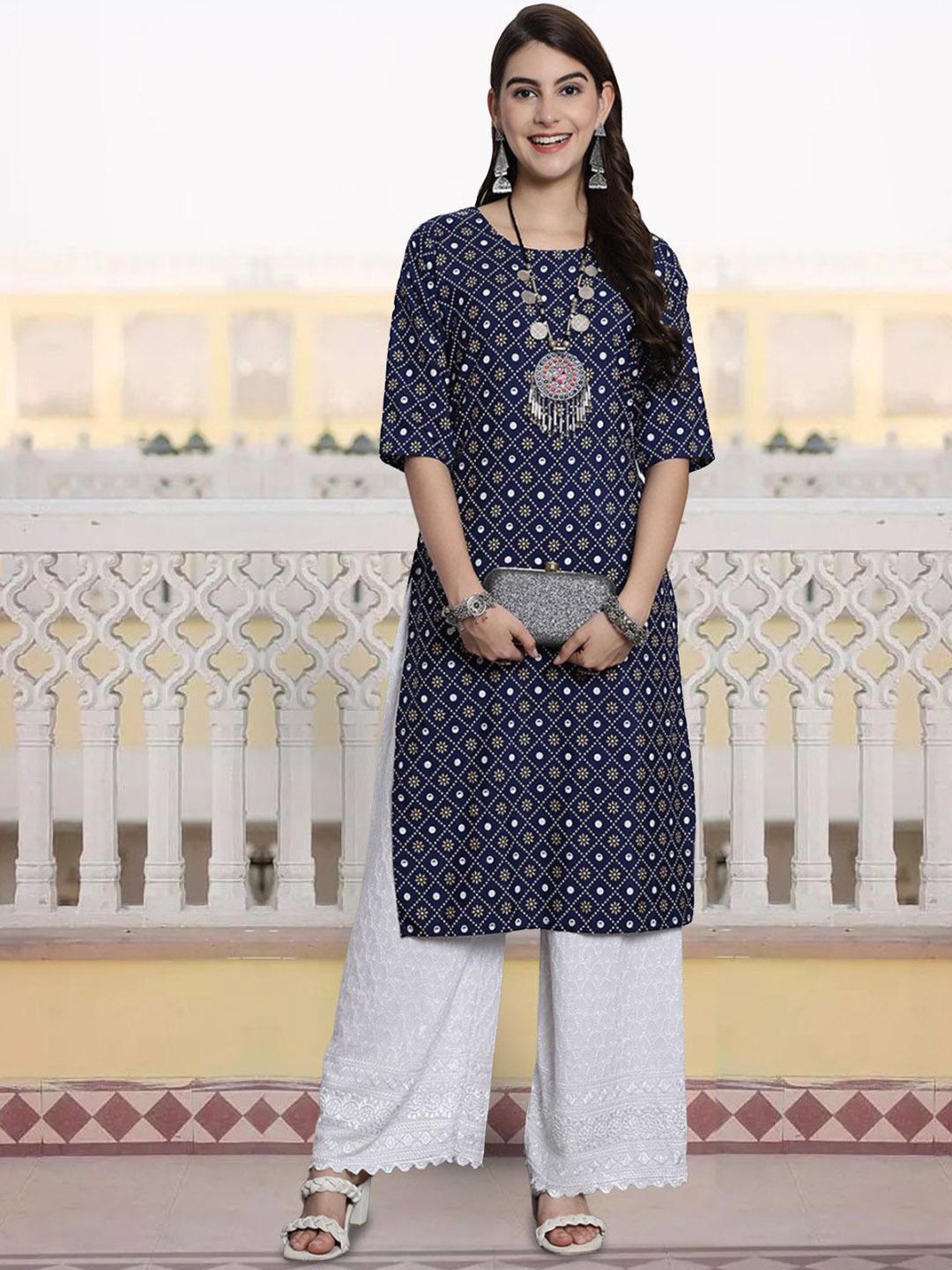 

7Threads Geometric Printed Crepe Straight Kurta, Navy blue