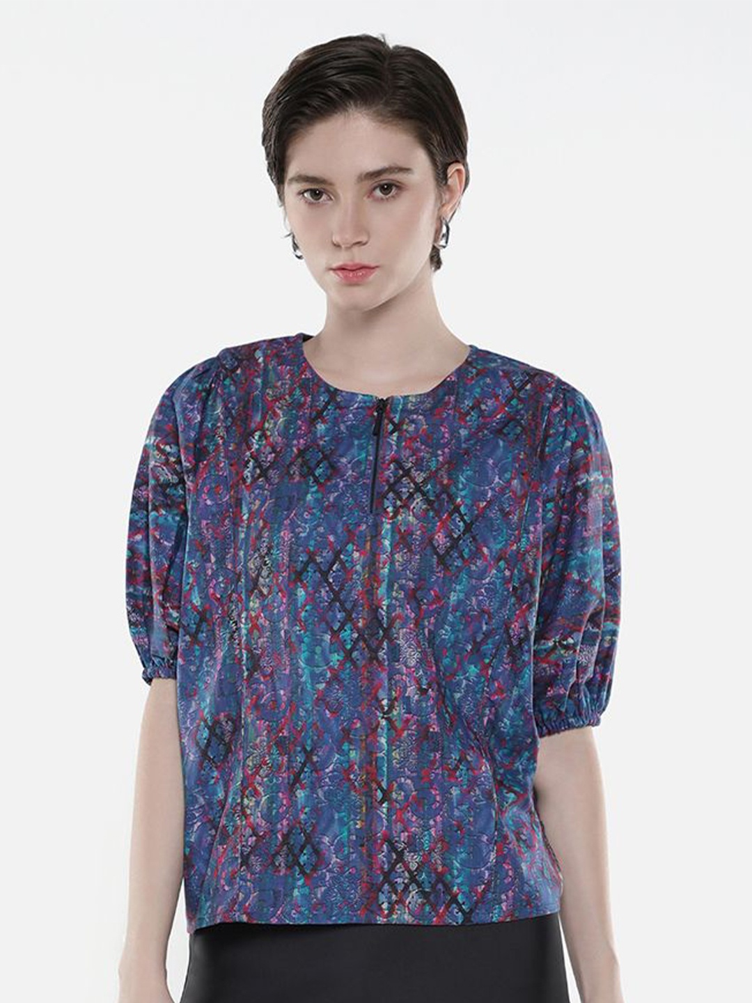 

RAREISM Women Abstract Printed Round Neck Cotton Top, Navy blue