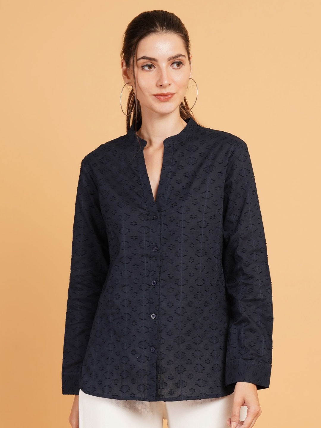 

IX IMPRESSION Women Relaxed Mandarin Collar Solid Cotton Oversized Semiformal Shirt, Navy blue