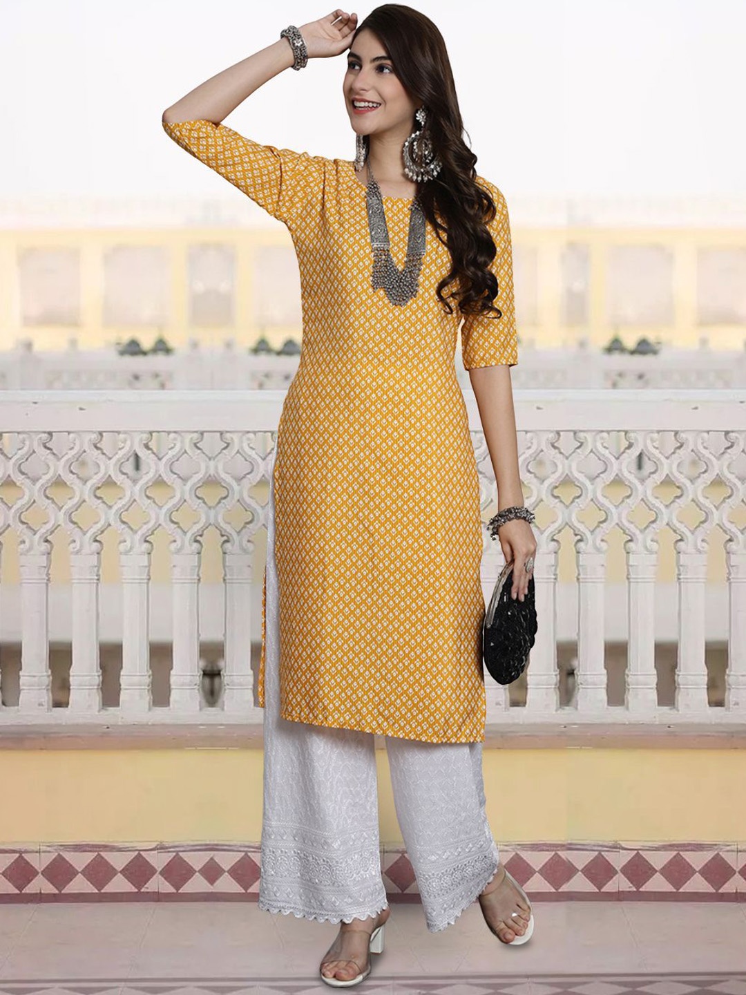 

7Threads Geometric Printed Round Neck Straight Kurta, Yellow