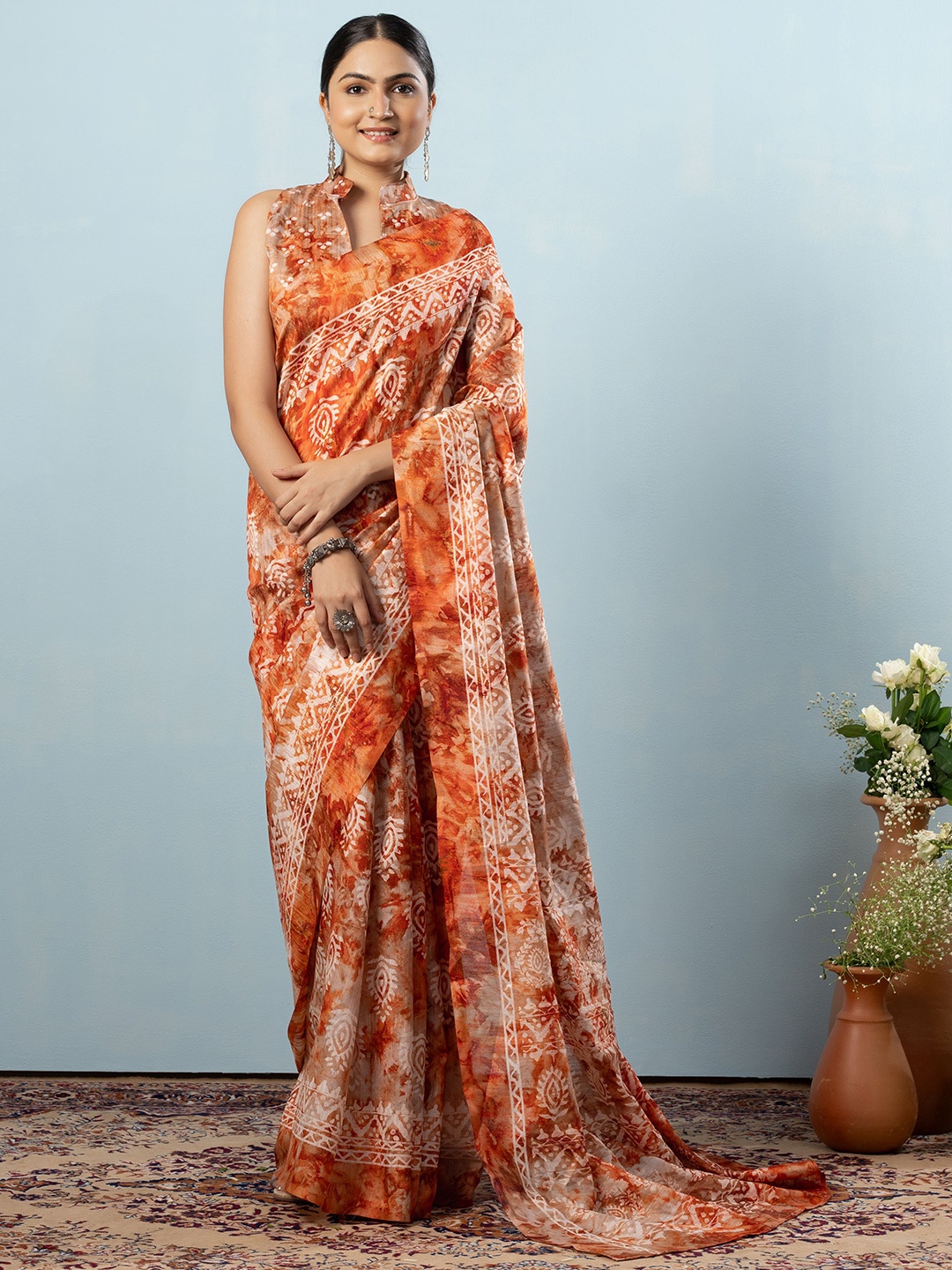 

RACHNA Ethnic Motifs Silk Blend Bhagalpuri Saree, Orange