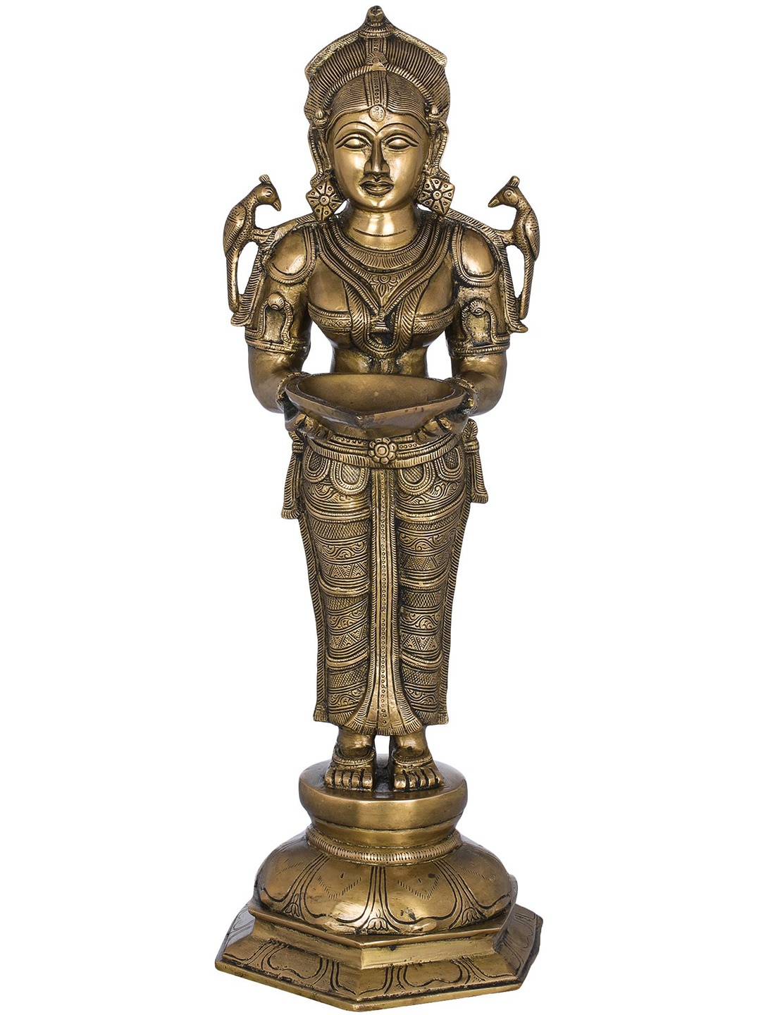 

Exotic India 20" Brass Deepalakshmi with Parrot on Her Shoulders - Made in India, Gold