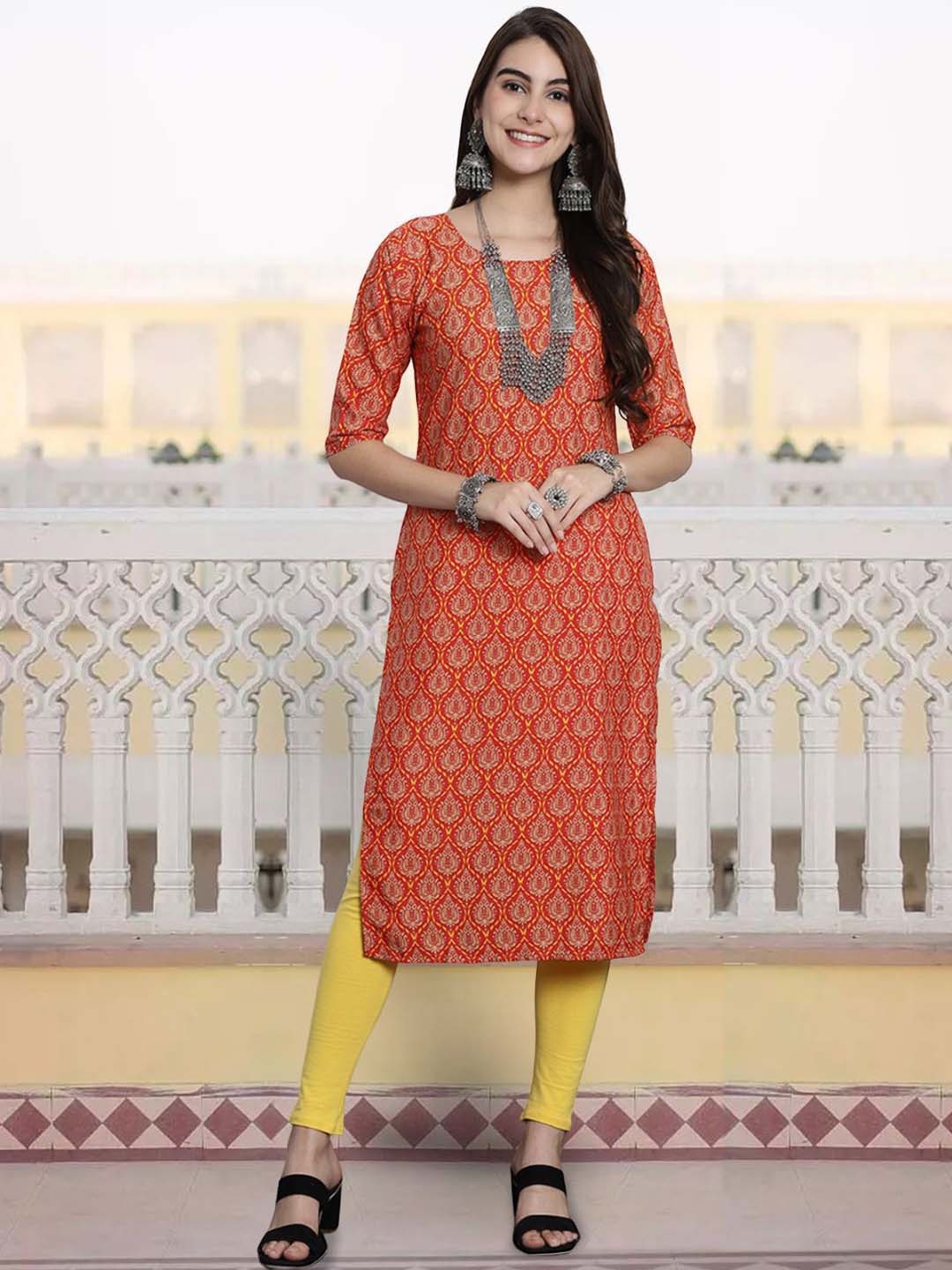 

7Threads Ethnic Motifs Printed Straight Kurta, Red