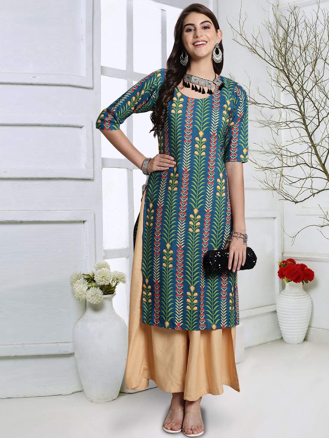 

7Threads Floral Printed Crepe Straight Kurta, Green