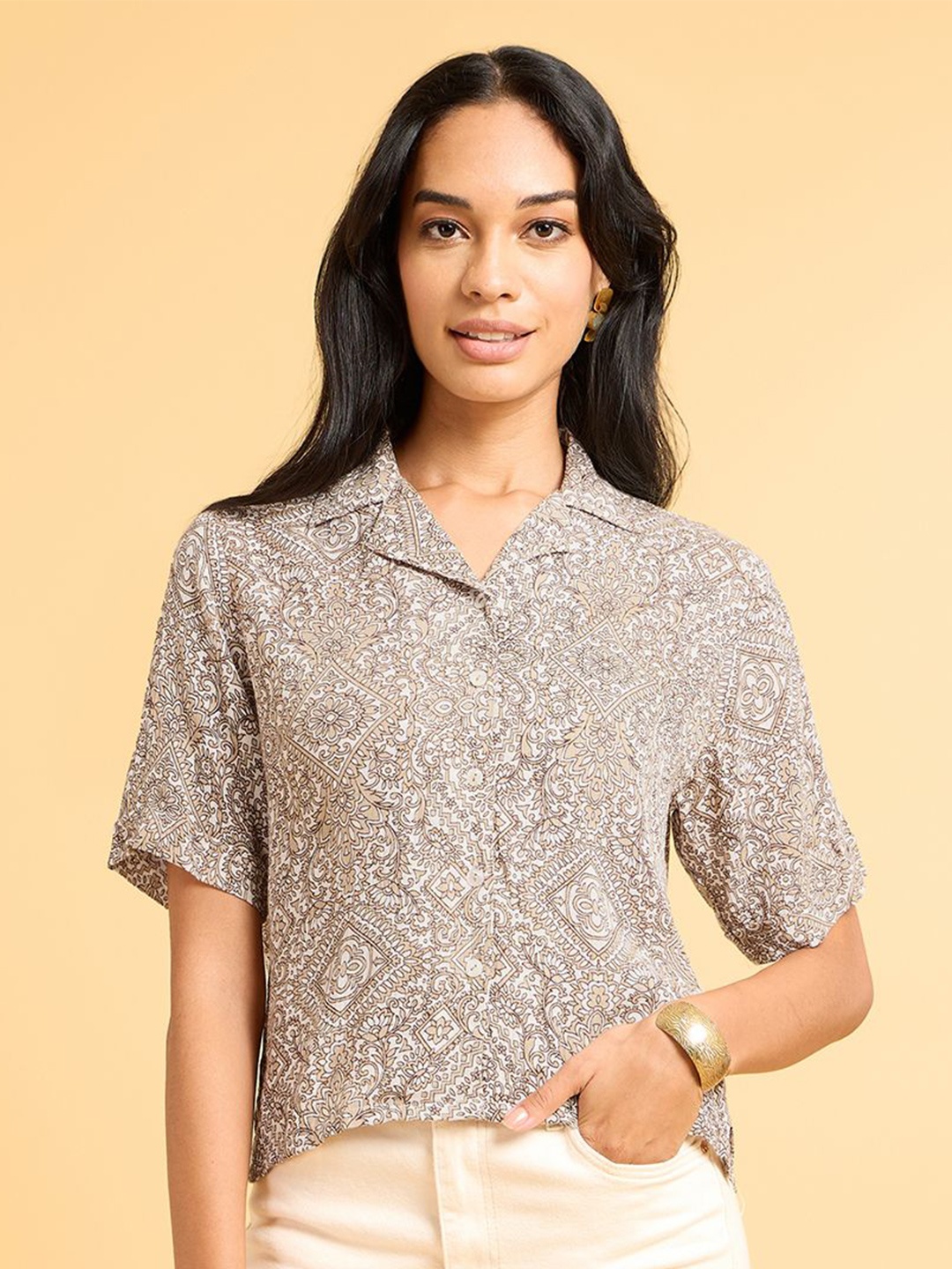 

Saaki Women Comfort Cuban Collar Floral Printed Cotton Casual Shirt, Beige