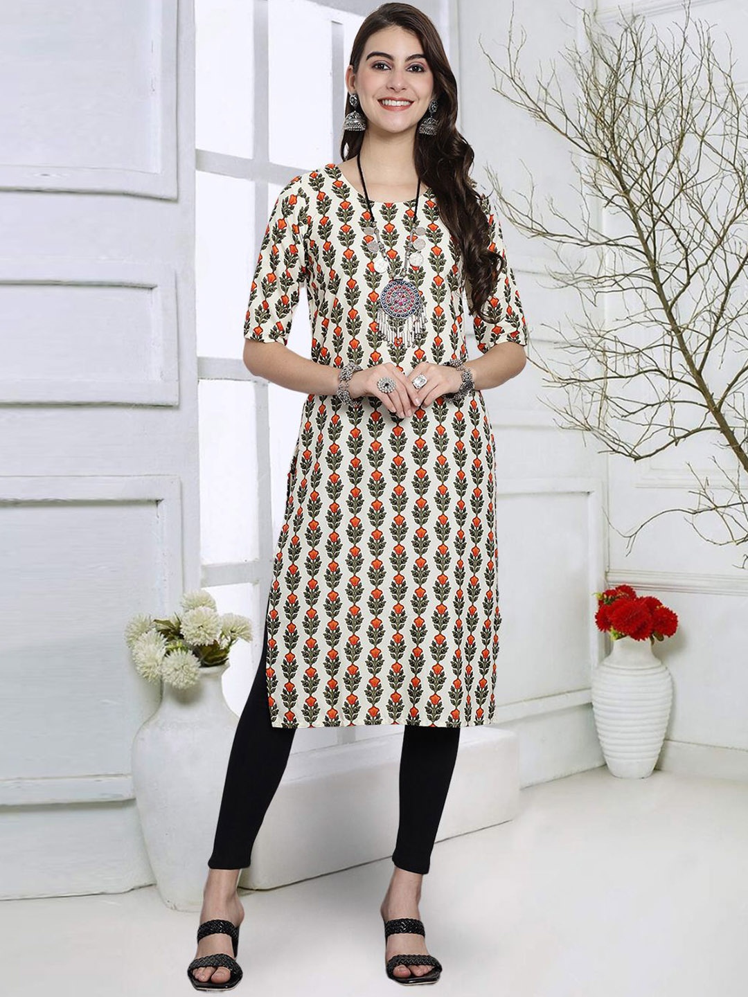 

7Threads Floral Printed Round Neck Straight Kurta, White