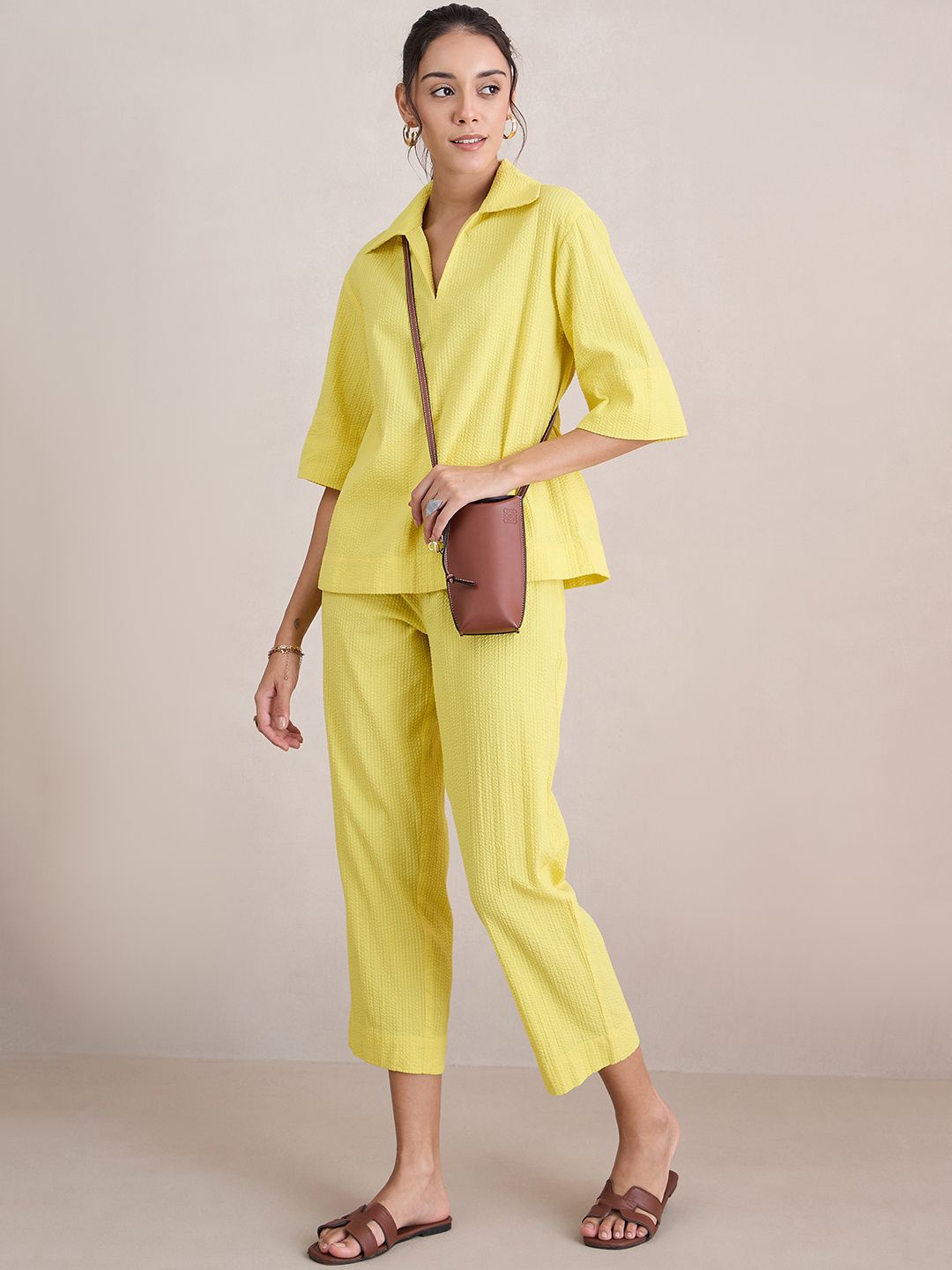

FEMMELLA Pure Cotton Seersucker Shirt With Trouser, Yellow