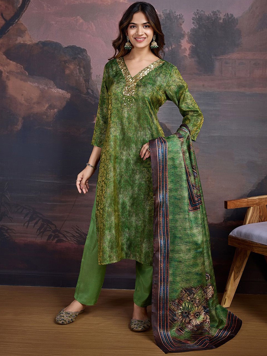 

House of Pataudi Abstract Printed A-Line Kurta With Trouser & Dupatta, Green