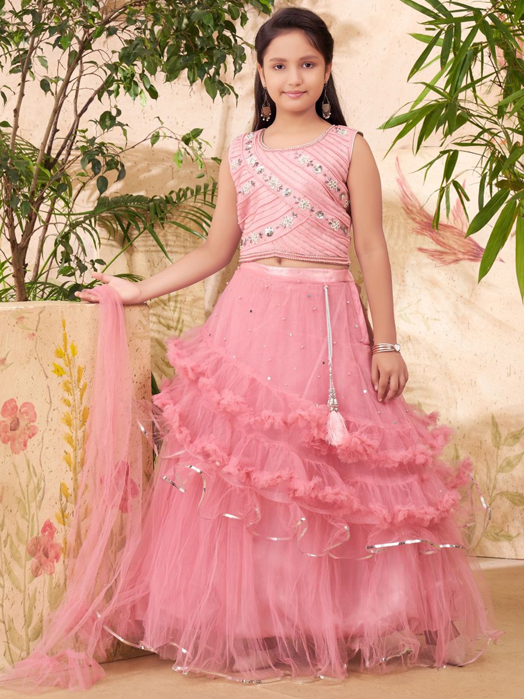 

Aarika Girls Embroidered Thread Work Ready to Wear Lehenga & Blouse With Dupatta, Pink