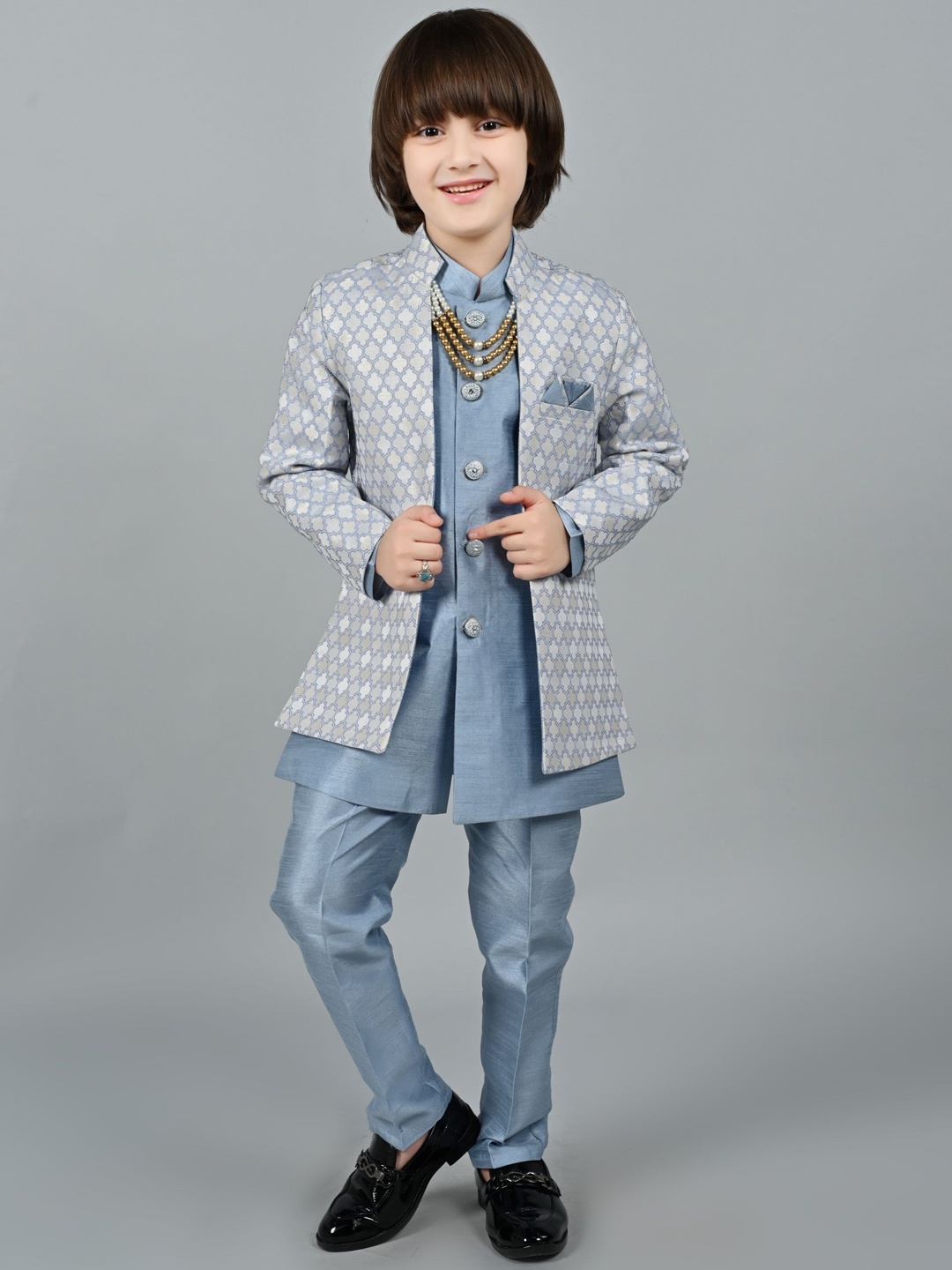 

ahhaaaa Boys Zari Worked Indo-Western Sherwani Set, Blue