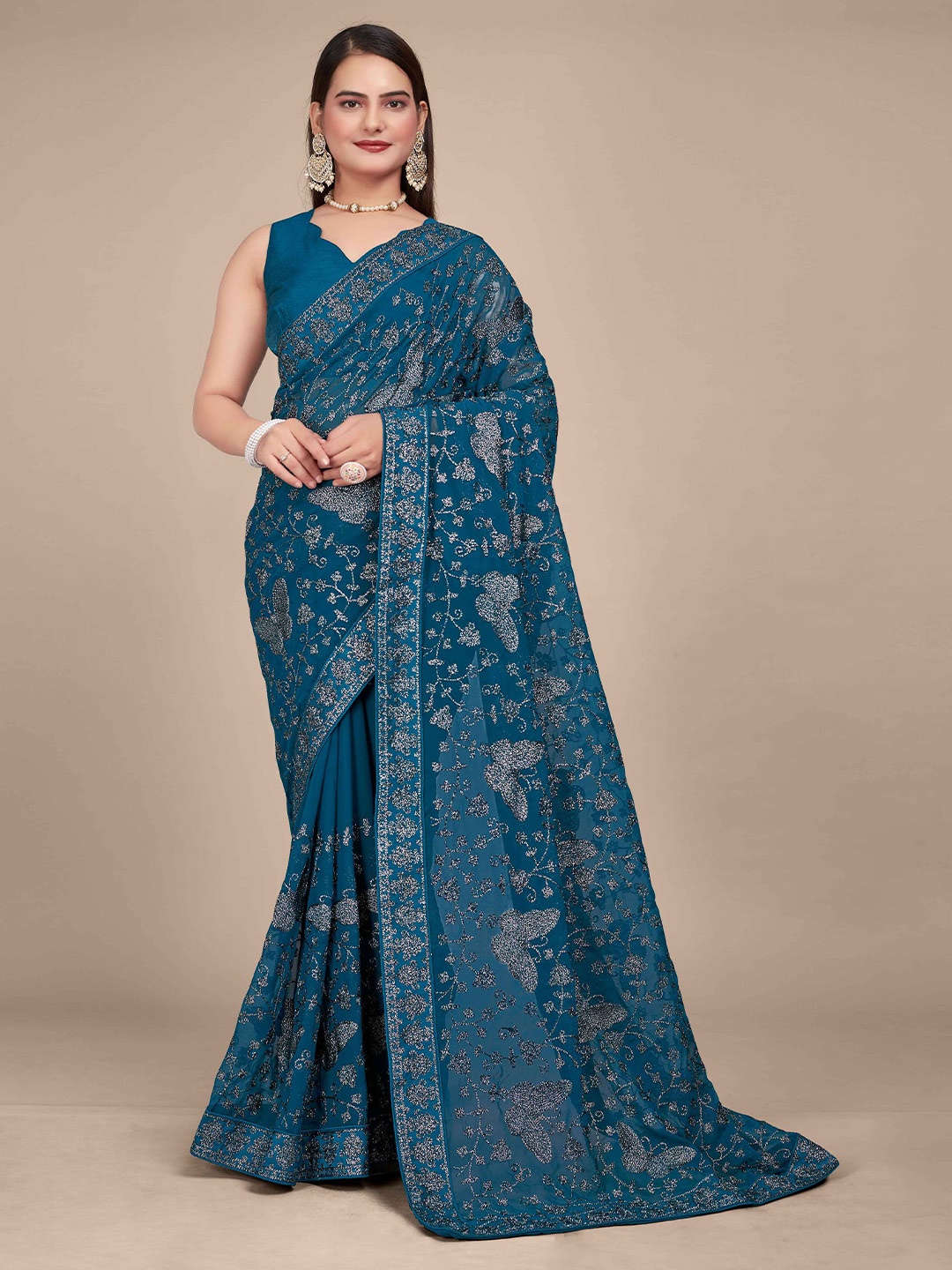 

MANOHARI Ethnic motifs Embroidered Heavy Work Saree, Teal