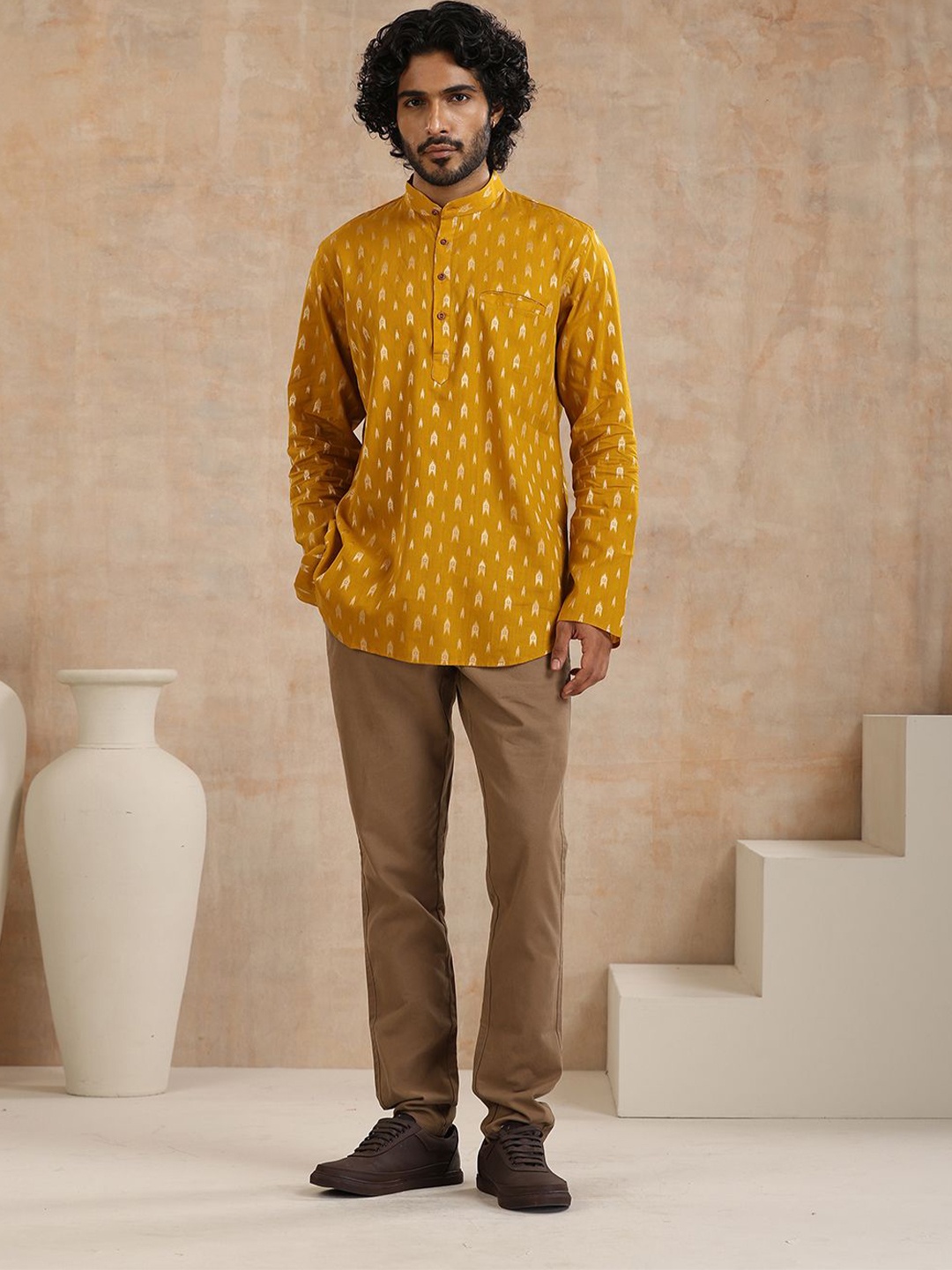 

House of Chikankari Embroidered Woven Short Kurta, Mustard