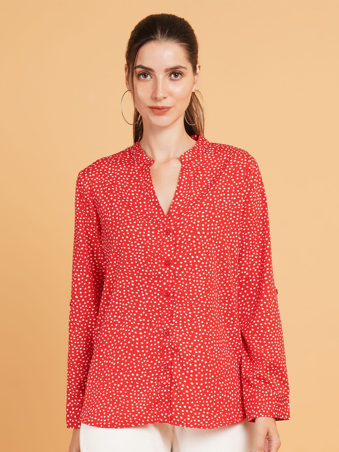 

IX IMPRESSION Women Relaxed Mandarin Collar Micro Ditsy Printed Cotton Oversized Shirt, Red