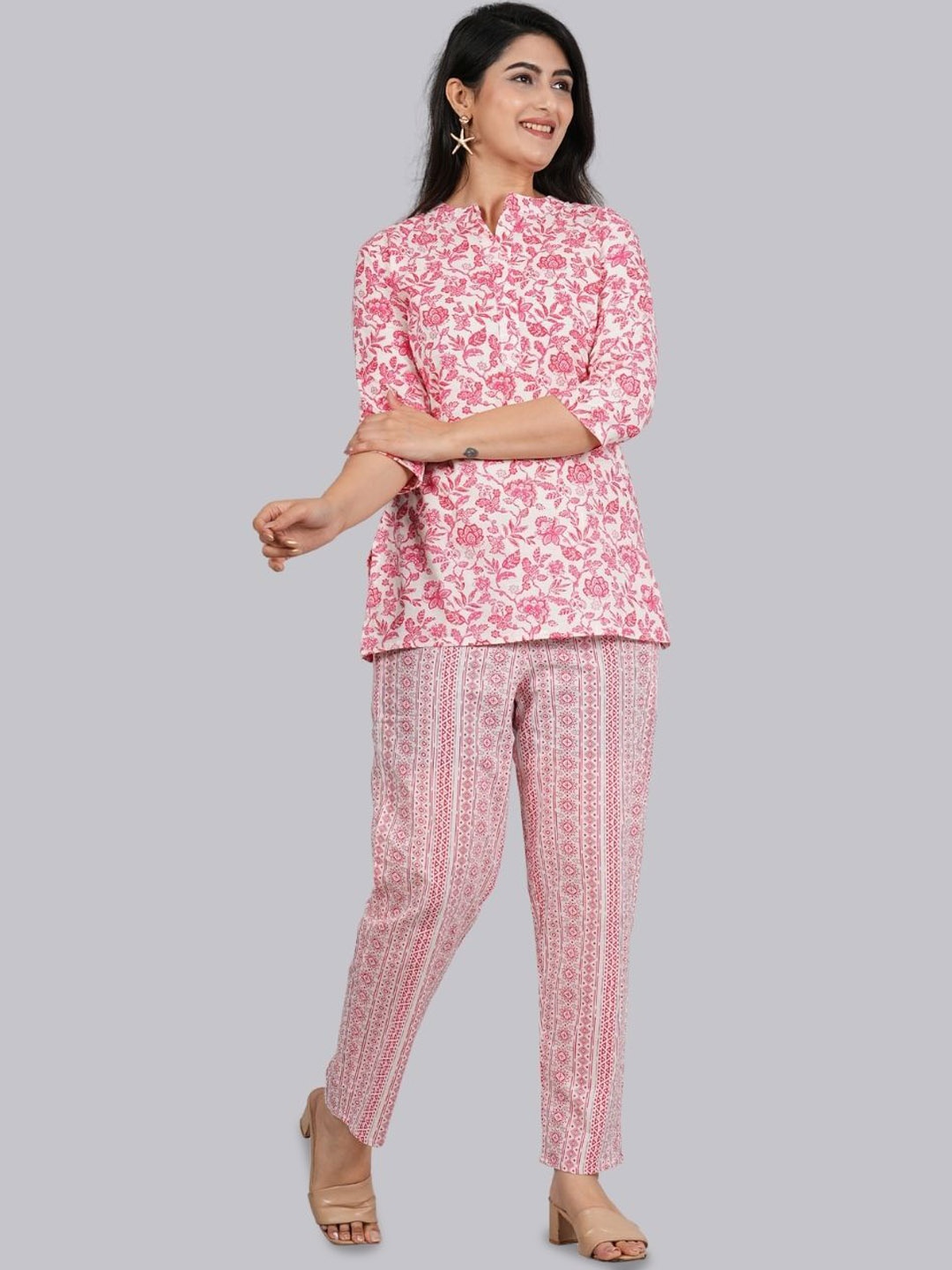 

P3D CREATION Floral Printed Notch Neck Pure Cotton Straight Kurti with Trousers, Pink