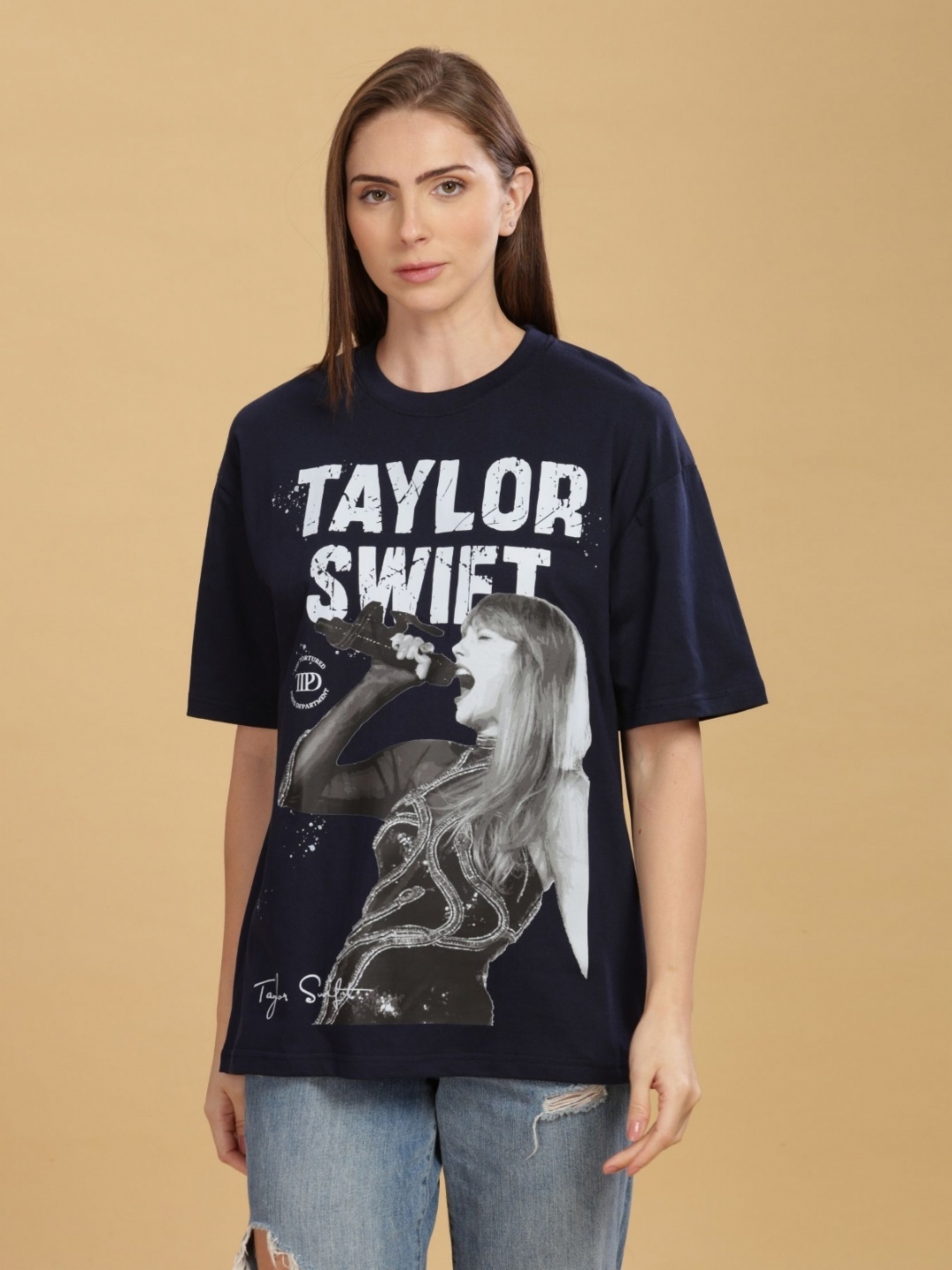 

CAPTCHA Women Graphic Printed Round Neck Cotton Oversized T-Shirt, Navy blue