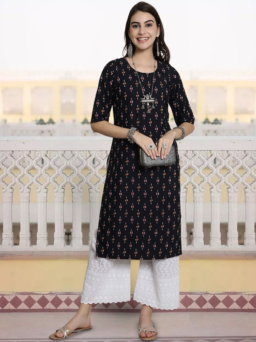 

7Threads Geometric Printed Round Neck Straight Kurta, Black