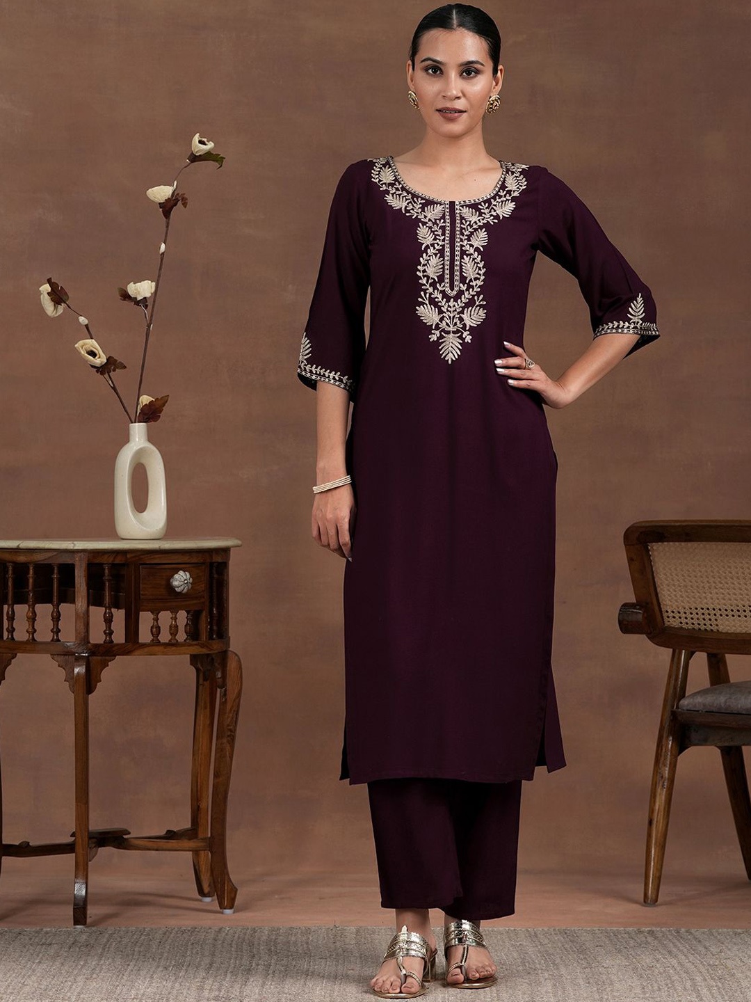 

Libas Floral Yoke Design Kurta with Trouser, Burgundy