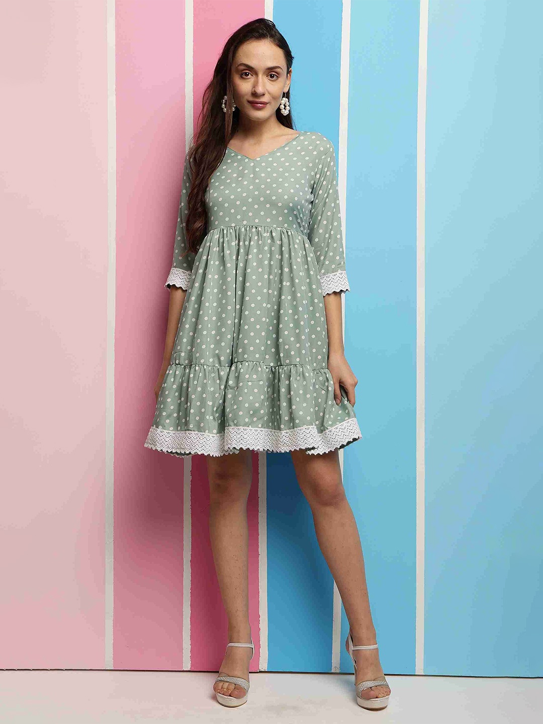 

Bhuja Fit & Flare Print Tiered Lace-Up Dress, Metallic