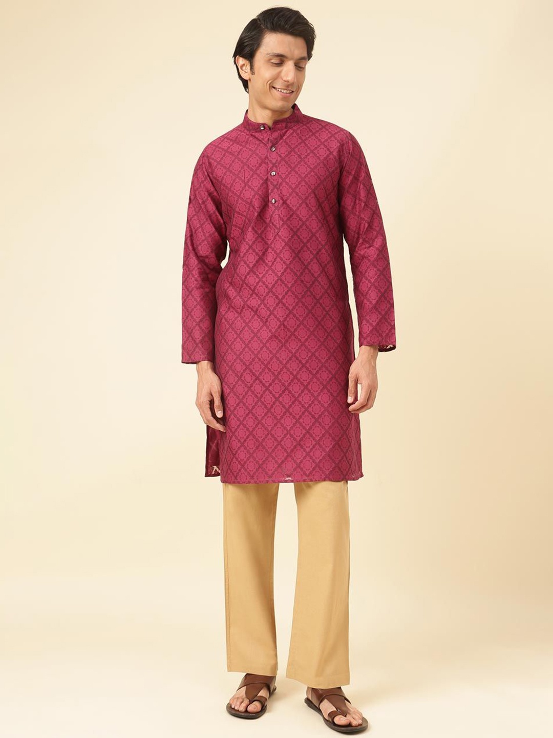 

Fabindia Floral Woven Design Mandarin Collar Cotton Silk Straight Kurta, Purple