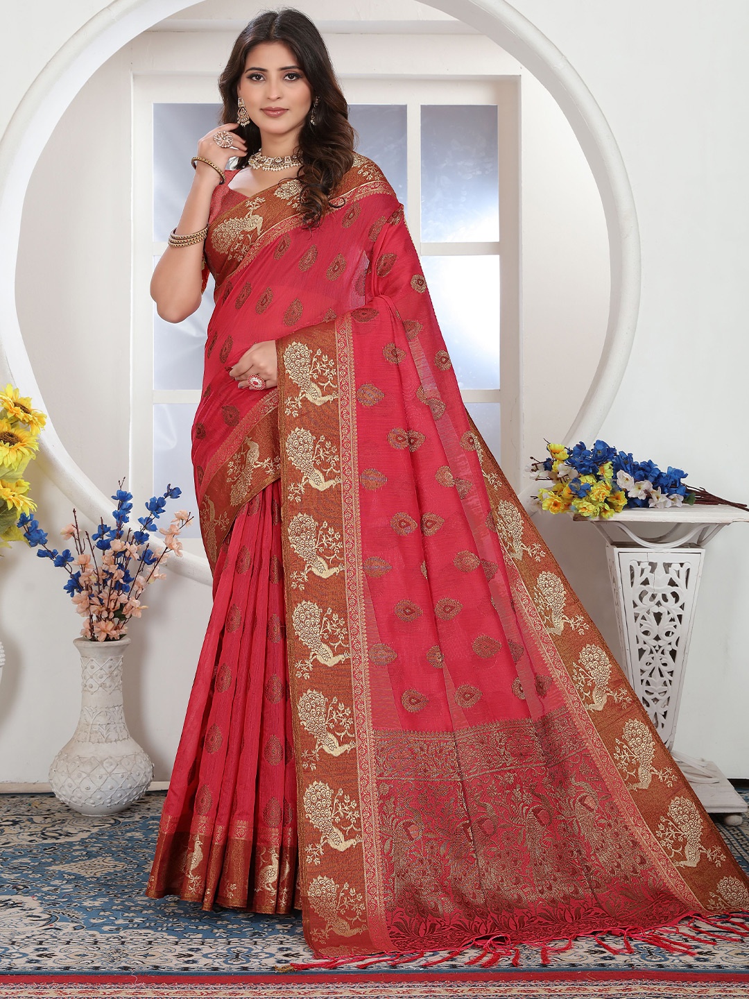 

Jinal & Jinal Woven Design Chanderi Saree with Zari Border, Red