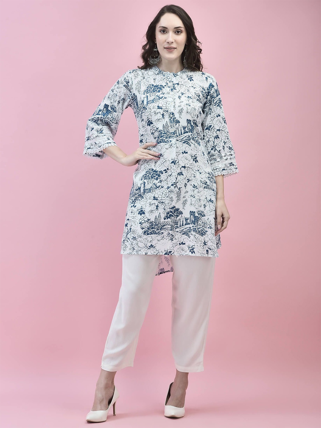 

Shree Floral Printed Flared Sleeves Liva Kurti, White