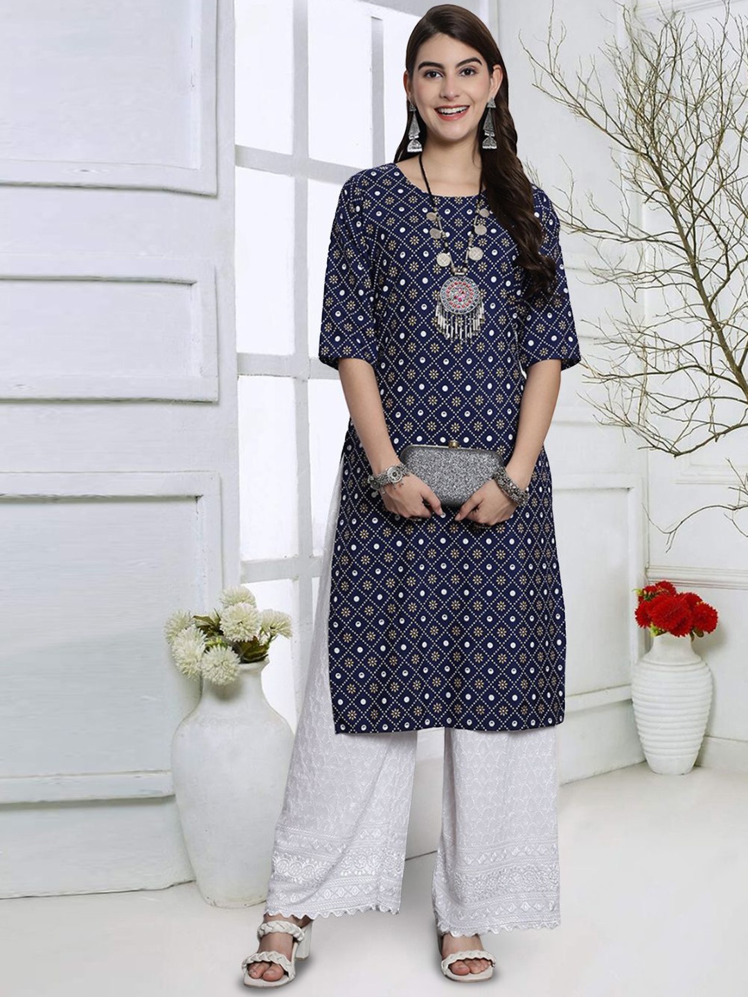 

7Threads Floral Printed Straight Kurta, Blue