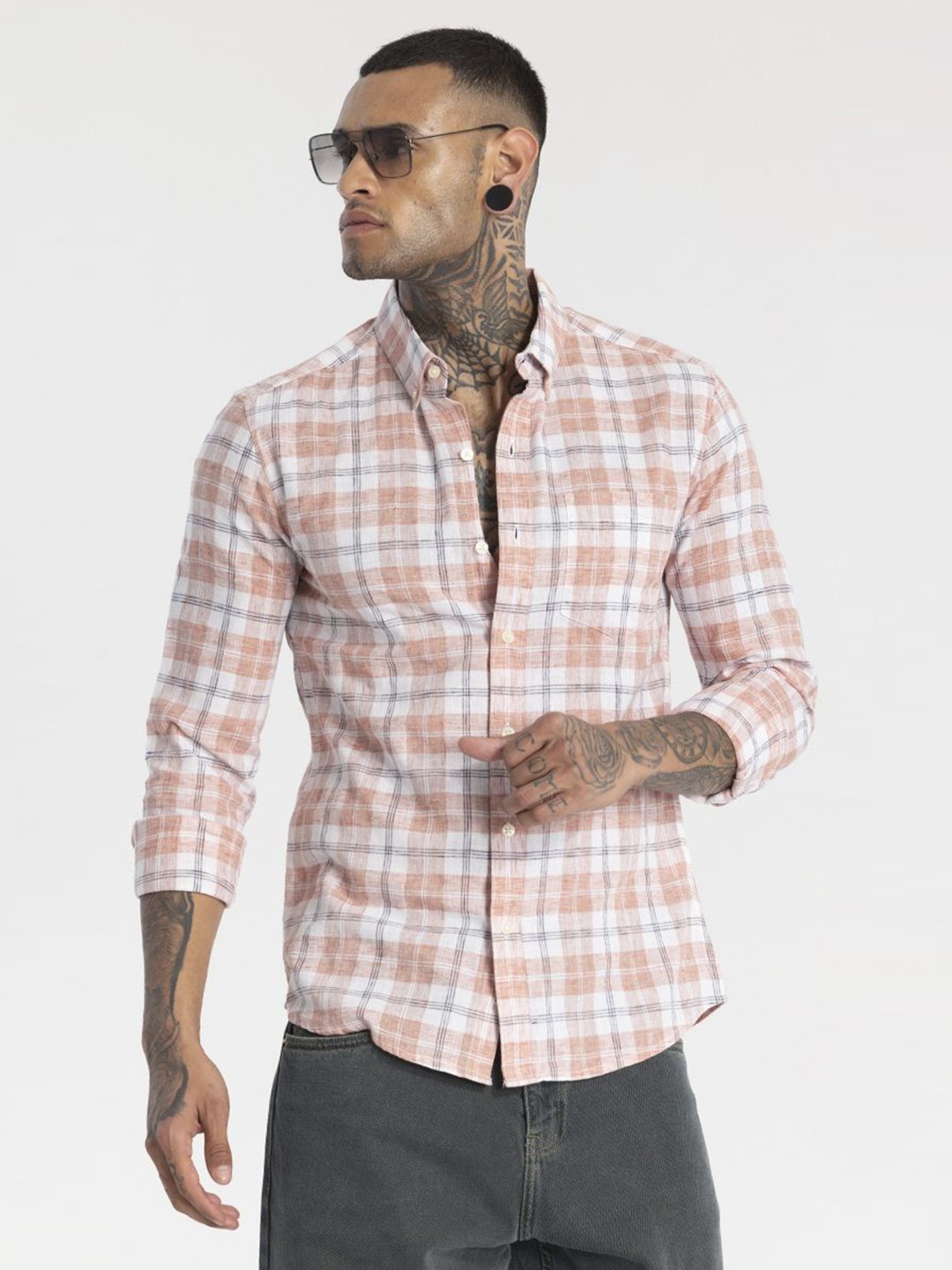 

Snitch Men Smart Button-Down Collar Tartan Checked Linen Slim Fit Casual Shirt, Peach