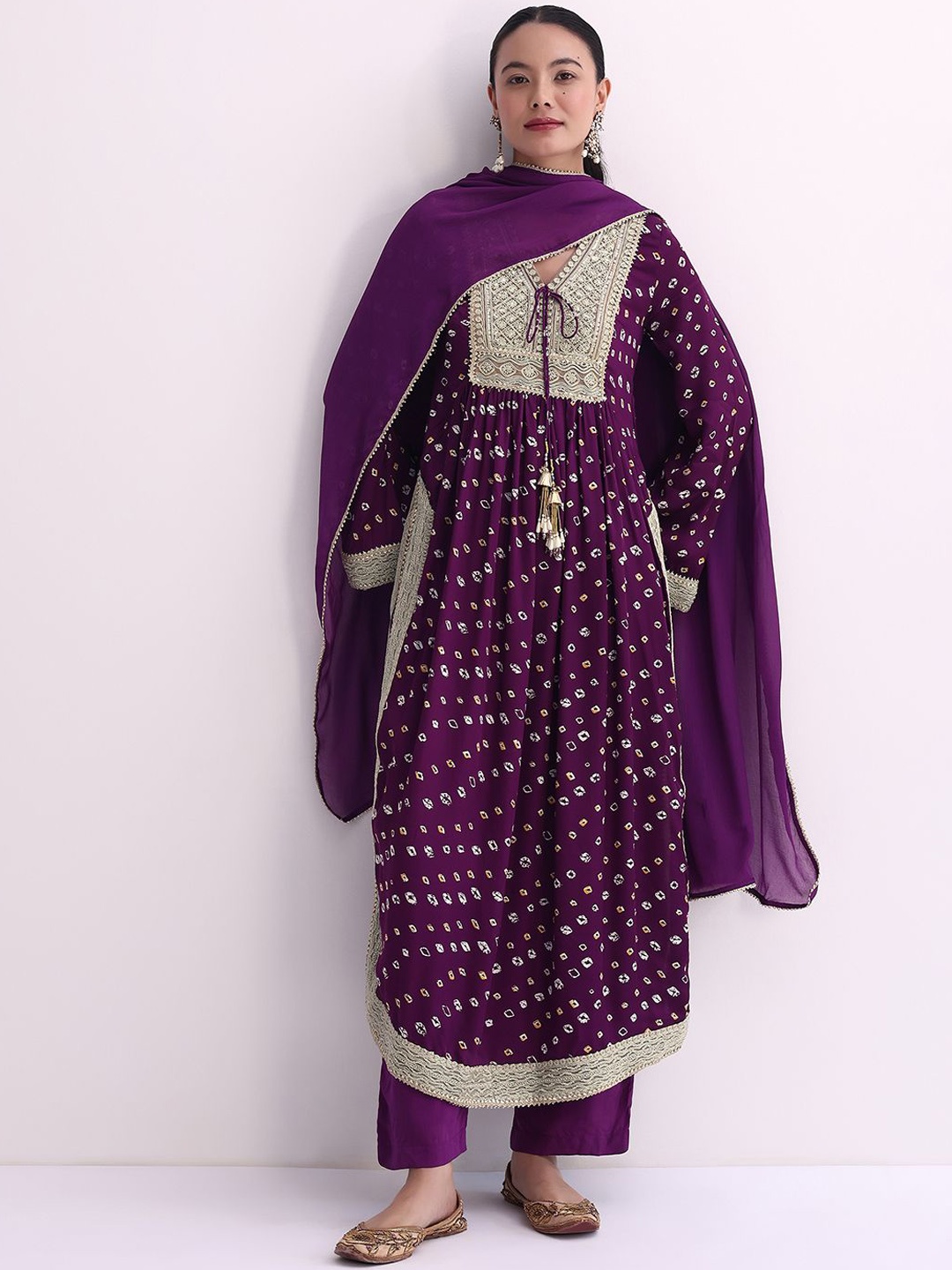 

KALKI Fashion Floral Embroidered V-Neck Straight Kurta with Trousers & Dupatta, Purple