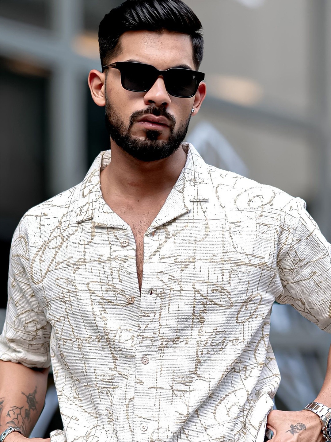 

Maniac Men Comfort Cuban Collar Abstract Printed Cotton Oversized Casual Shirt, Beige