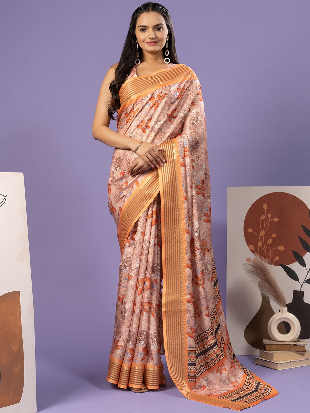 

RACHNA Floral Printed Saree With Unstitch Blouse, Orange