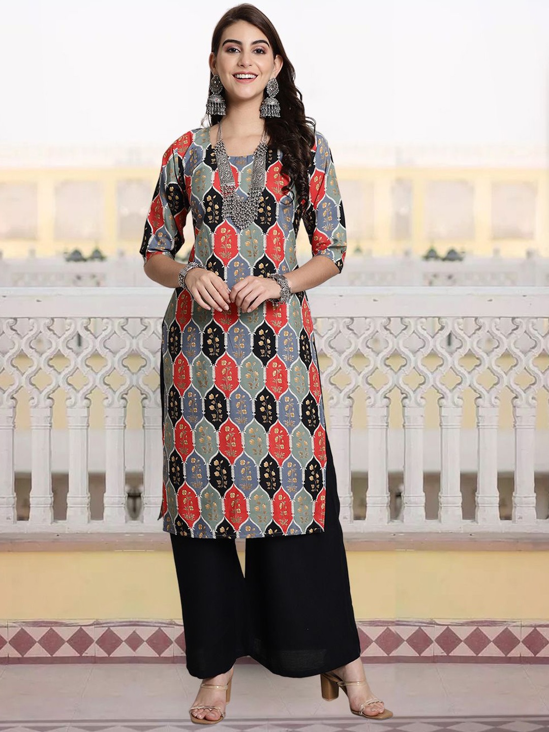 

7Threads Floral Printed Round Neck Straight Kurta, Red