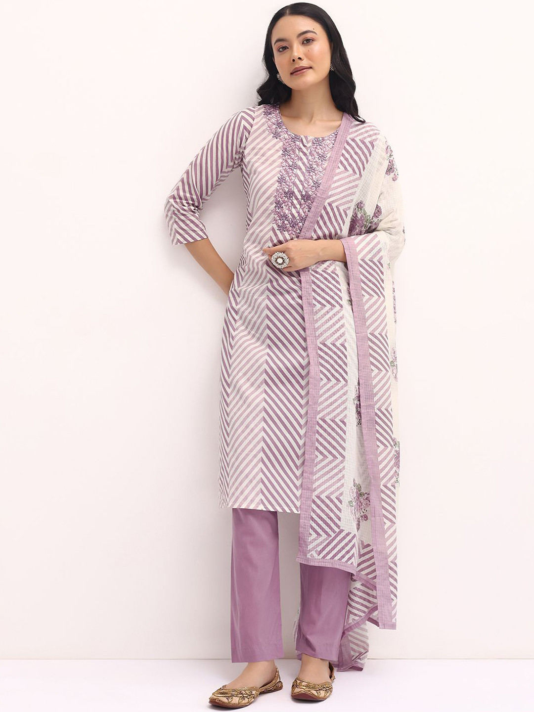 

KALKI Fashion Striped Thread Work Straight Kurta With Trousers & Dupatta, Purple