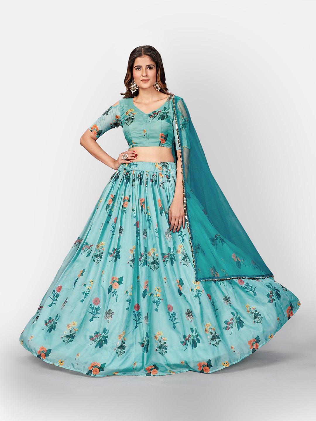 

SHOPGARB Printed Semi Stitched Lehenga & Unstitched Blouse With Dupatta, Blue