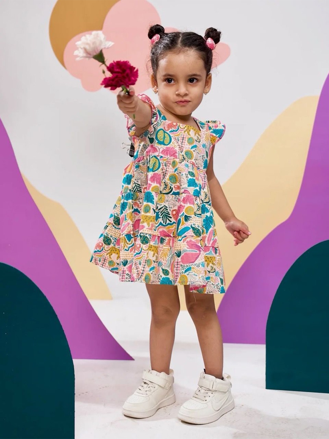 

Miko Lolo Girls Floral Printed Flutter Sleeve Organic Cotton Fit & Flare Dress, Multi