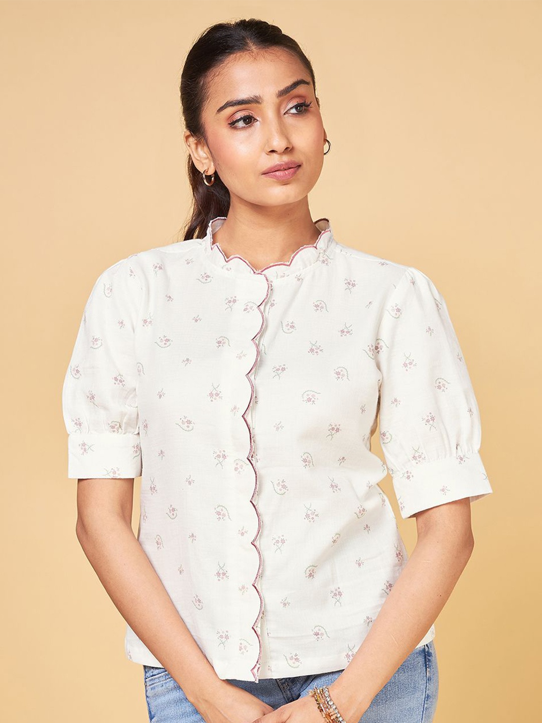 

Saaki Women Comfort Opaque Printed Casual Shirt, Off white
